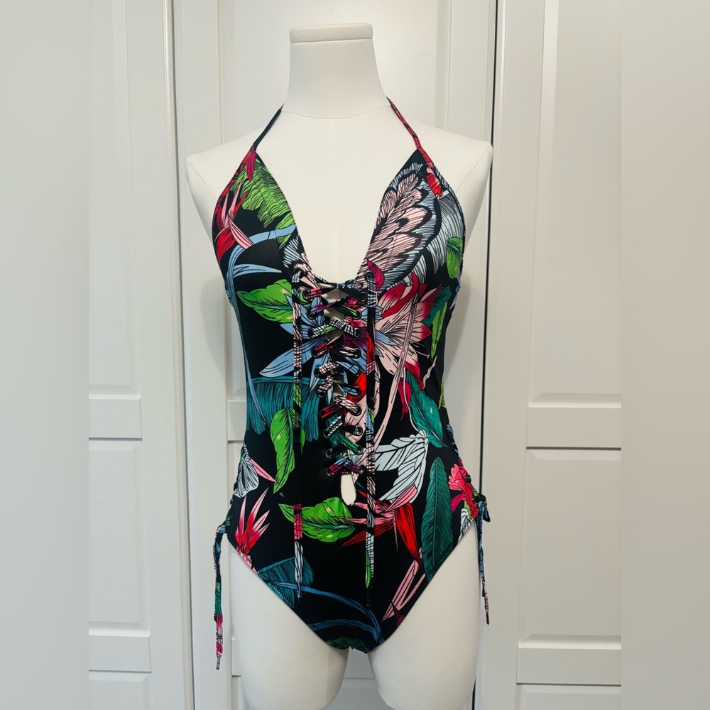 Tropical Lace-Up One-Piece Swimsuit - Multicolor Leaf Print in Sizes S,M,L,XL